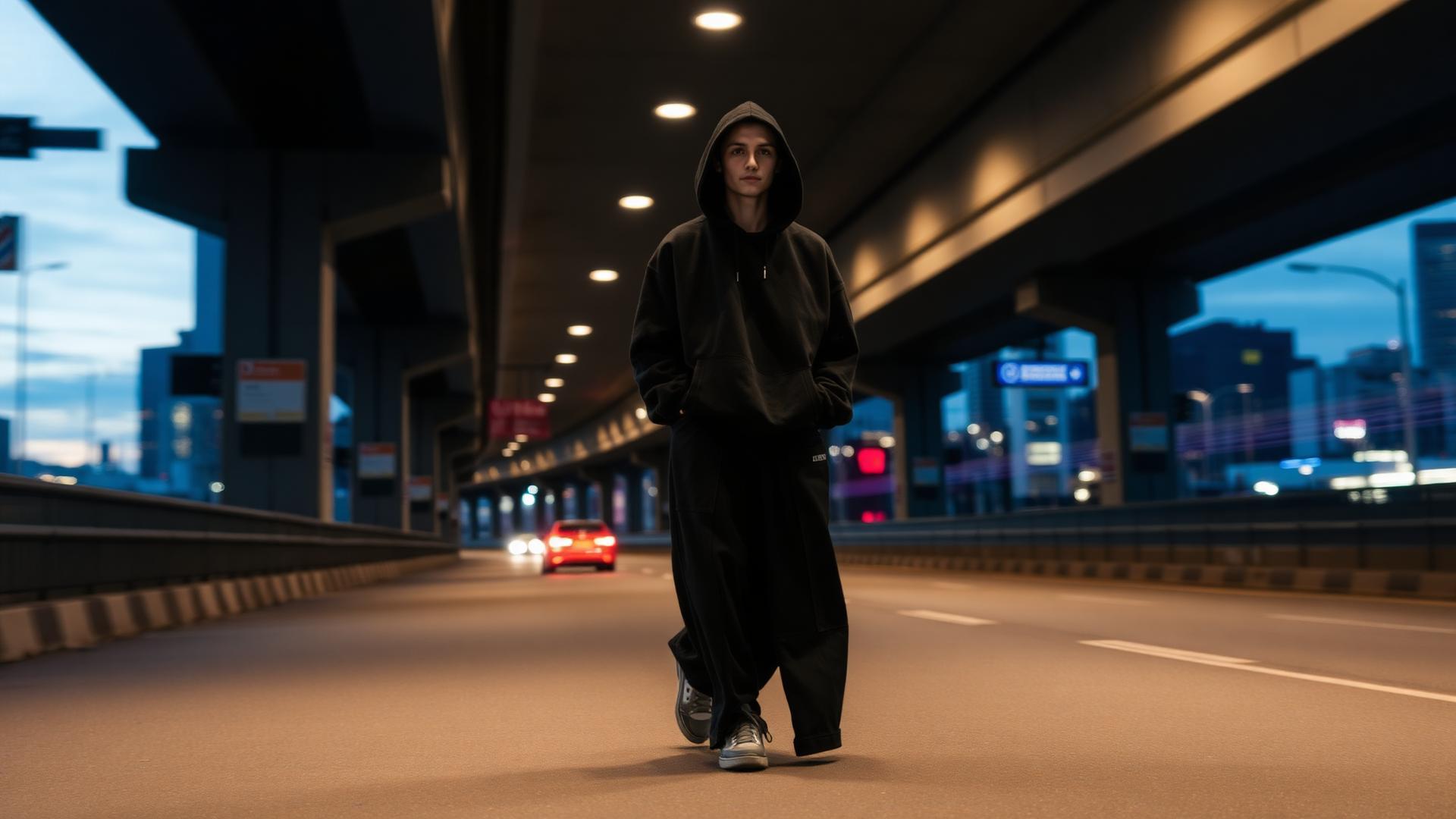Model in oversized hoodie walking through an urban underpass