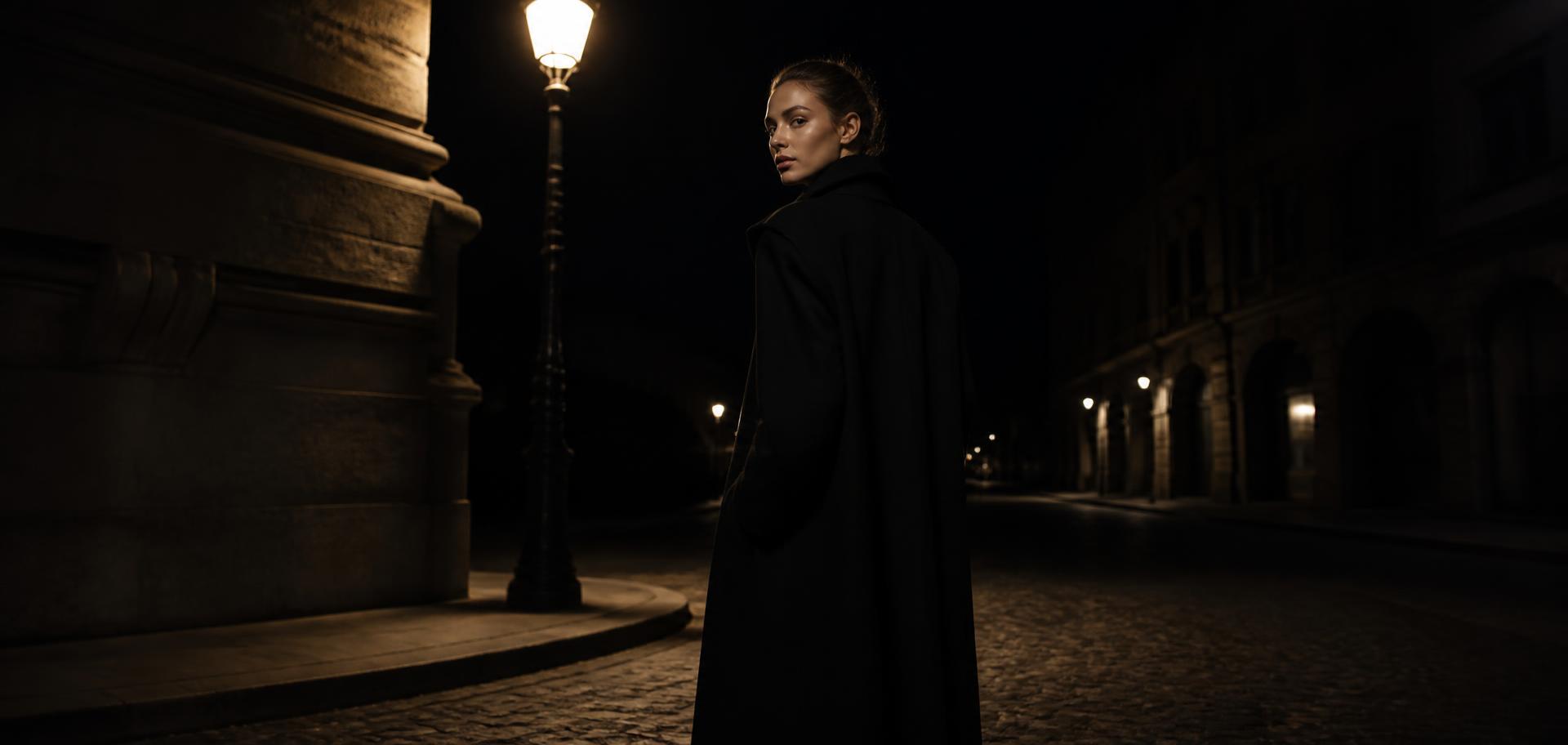 Model in a sharp black silhouette on a night street